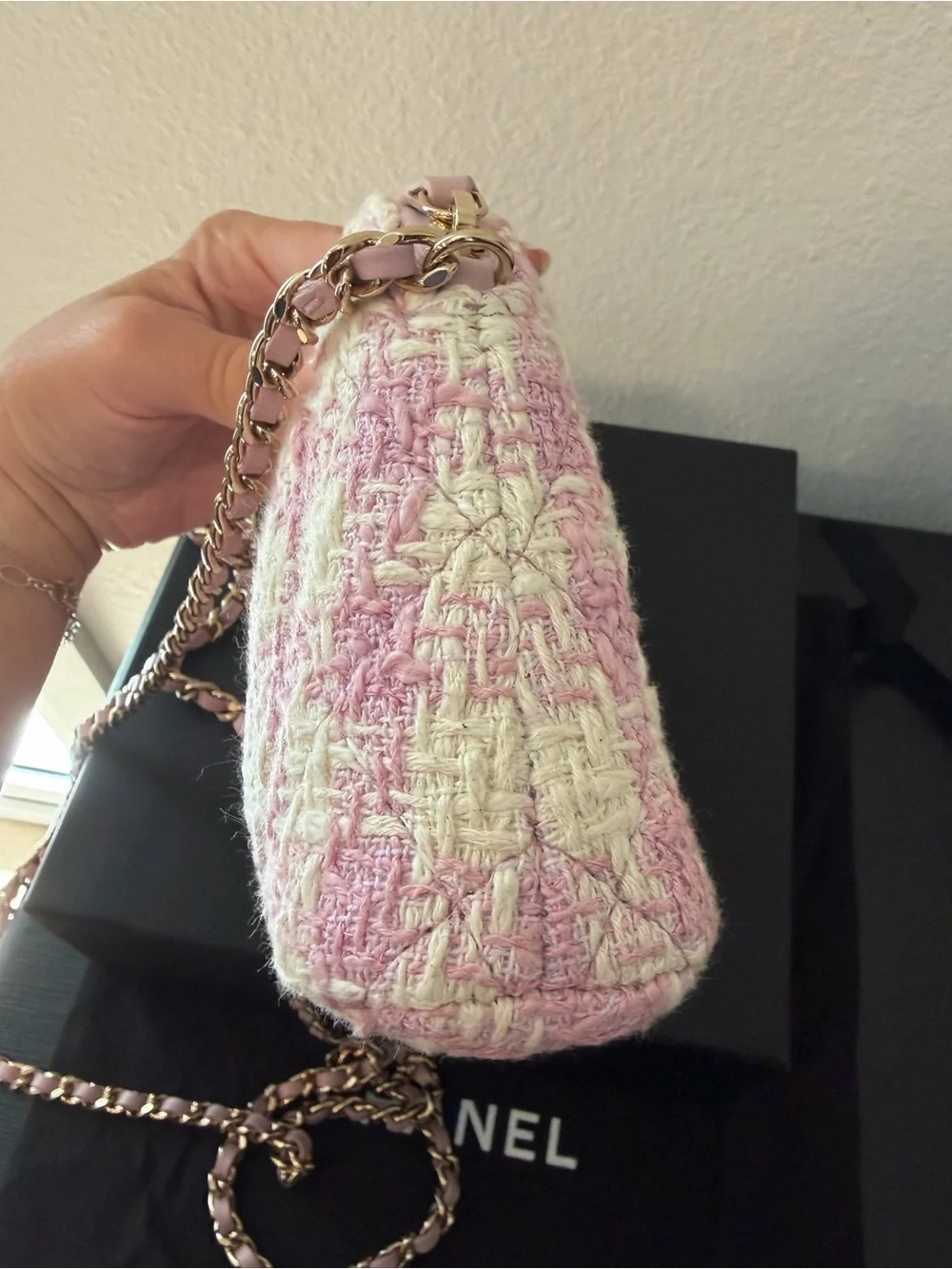 CHANEL Pink and White Tweed Quilted Mini Clutch With Chain